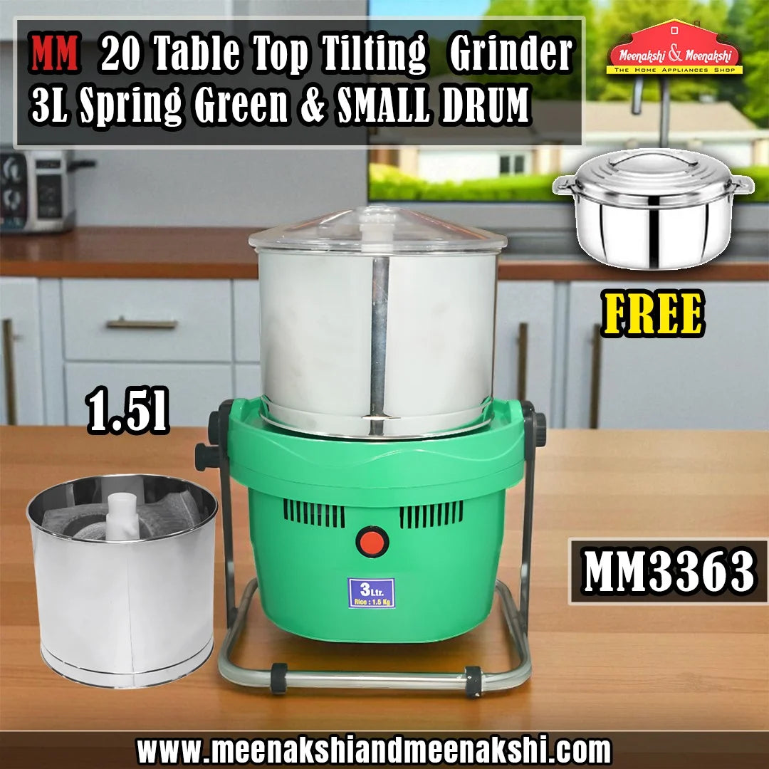 MM20 Table Top Tilting Grinder 3L Spring Green with Small Drum 1.5L MM3363