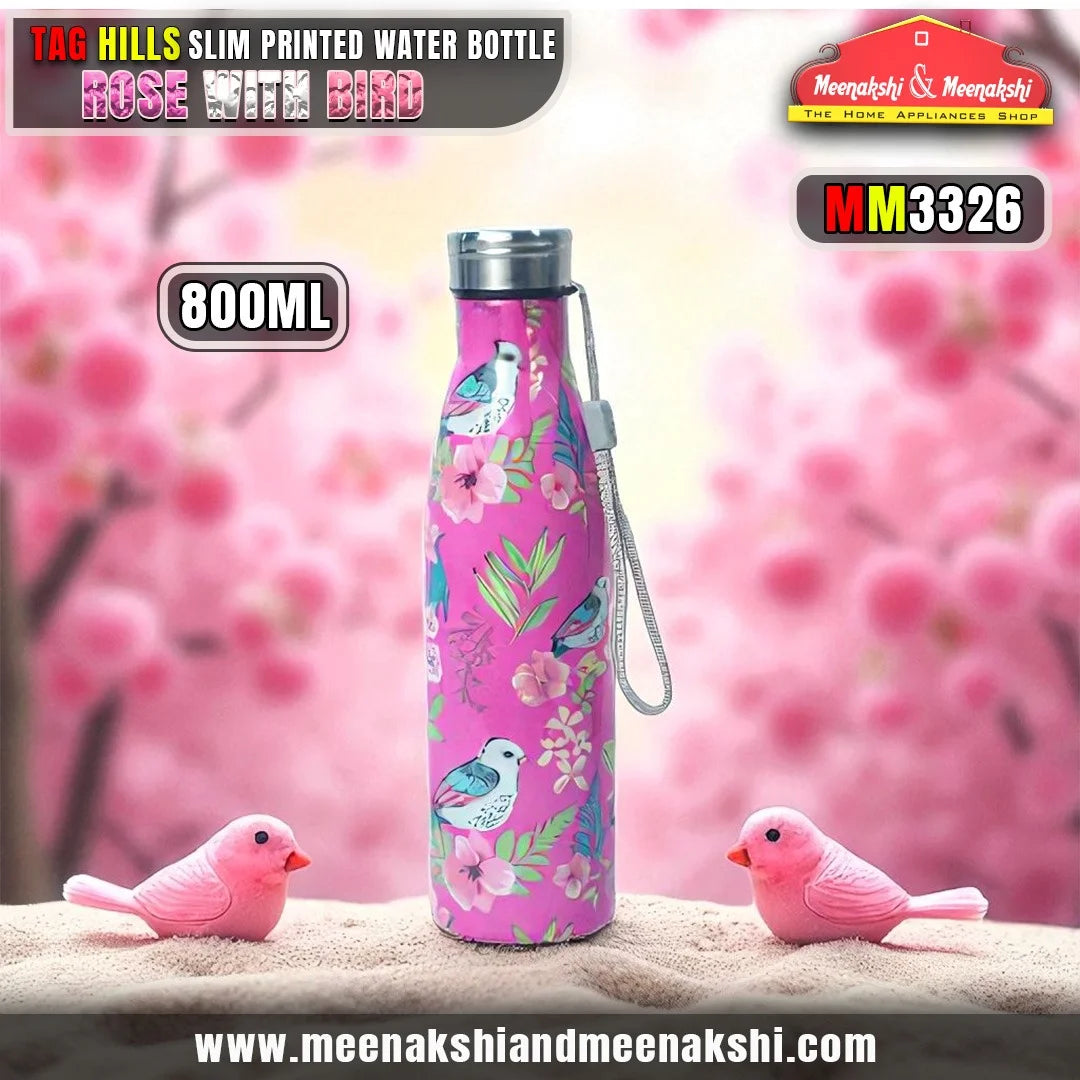 TAG HILLS Slim Printed Water Bottle Rose with Bird 800ml MM3326