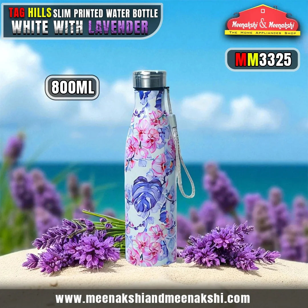 TAG HILLS Slim Printed Water Bottle White with Lavender 800ml MM3325