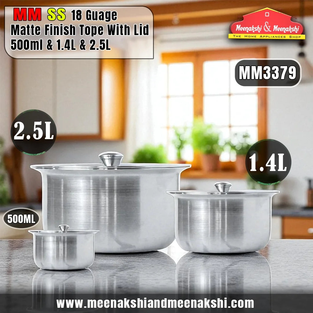 MM SS 18Guage Matte Finish Tope With Lid 500ml & 1.4L & 2.5L MM3379