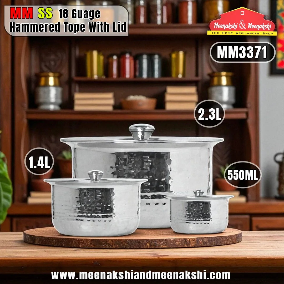 MM SS 18Guage Hammered Tope With Lid 550ml & 1.4L & 2.3L MM3371