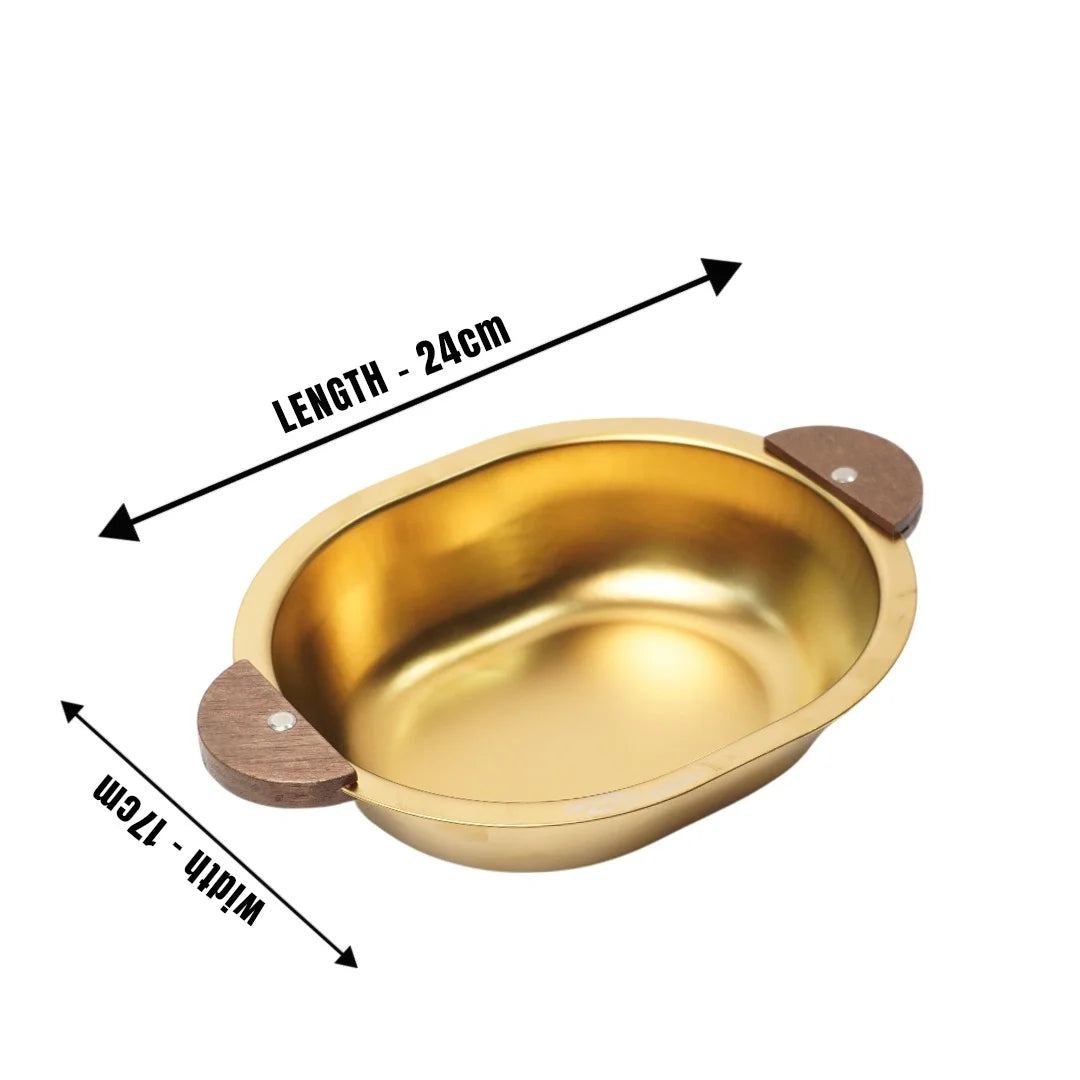 MM SS 3PCS Gold PVD Coating Woodern Handle Oval Bowl Combo MM3348