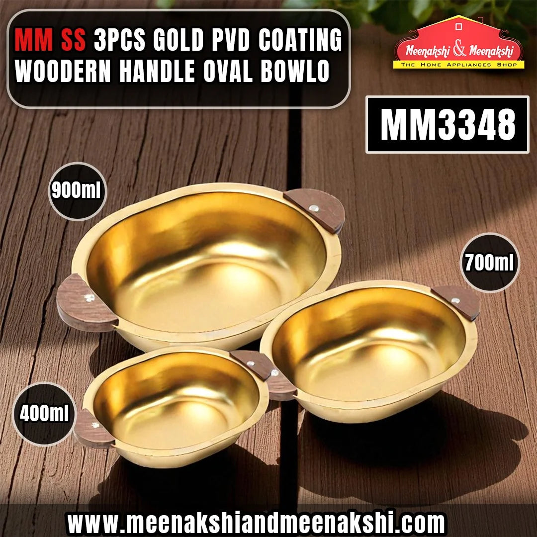 MM SS 3PCS Gold PVD Coating Woodern Handle Oval Bowl Combo MM3348