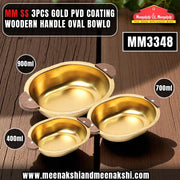 MM SS 3PCS Gold PVD Coating Woodern Handle Oval Bowl Combo MM3348