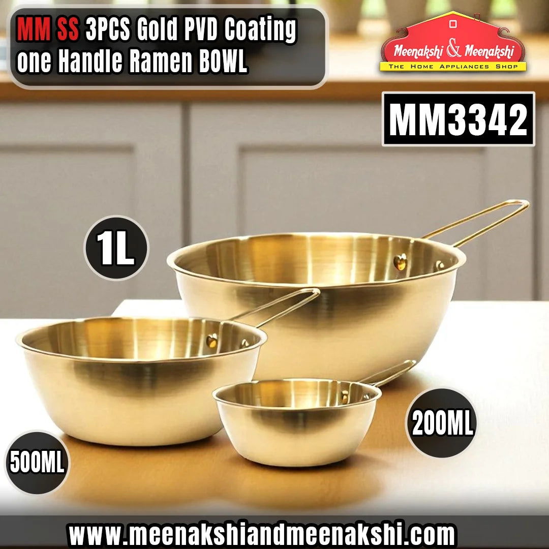 MM SS 3PCS Gold PVD Coating One Handle Ramen Bowl 200ml & 500ml & 1L MM3342