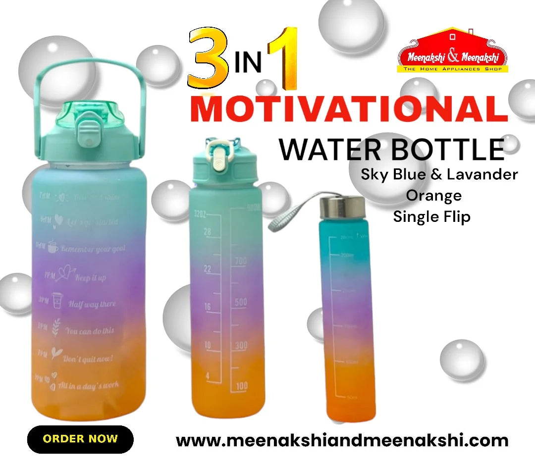 Motivational Water Bottle 3 in 1 (Single Flip ) Sky Blue+Lavender+Orange MM987