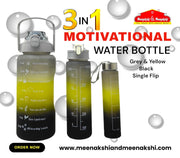 Motivational Water Bottle 3 in 1 (Single Flip ) Grey +Yellow+Black MM986