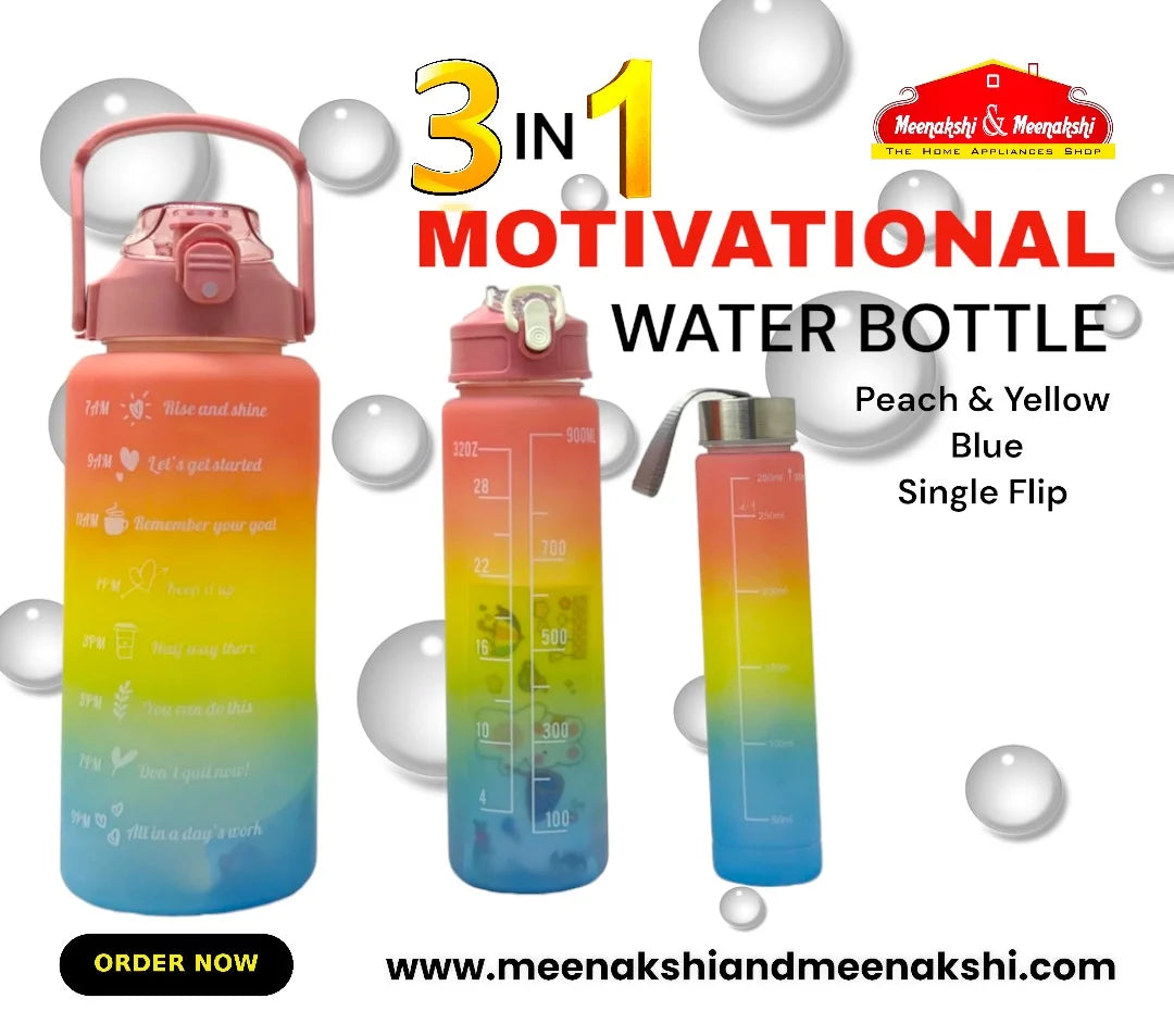 Motivational Water Bottle 3 in 1 (Single Flip ) Peach+Yellow+Blue MM985
