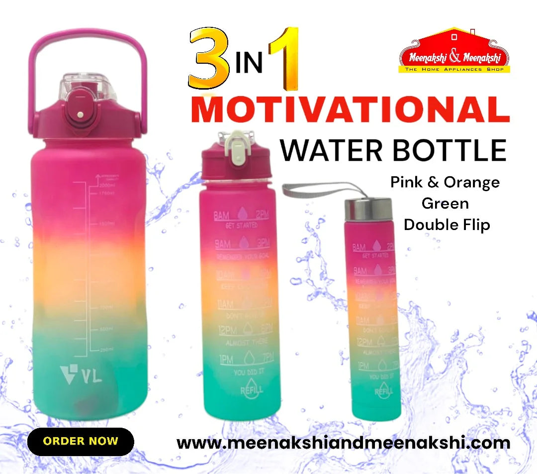 Motivational Water Bottle 3 in 1 (Double Flip ) Pink+Orange+Green MM993