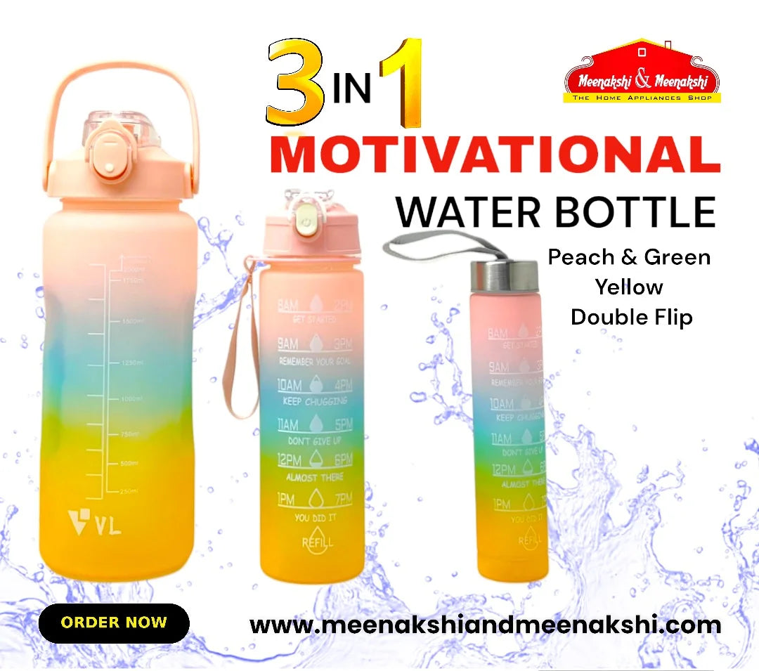 Motivational Water Bottle 3 in 1 (Double Flip ) Peach+Green+Yellow MM992