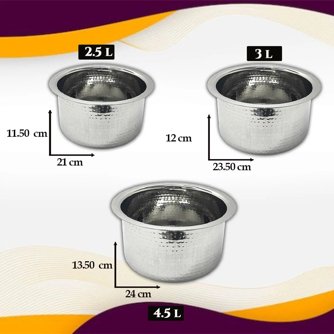 MMSS 20G Round Bottom Hammered Tope Set 3 Pcs Size 13,14,15 MM1111