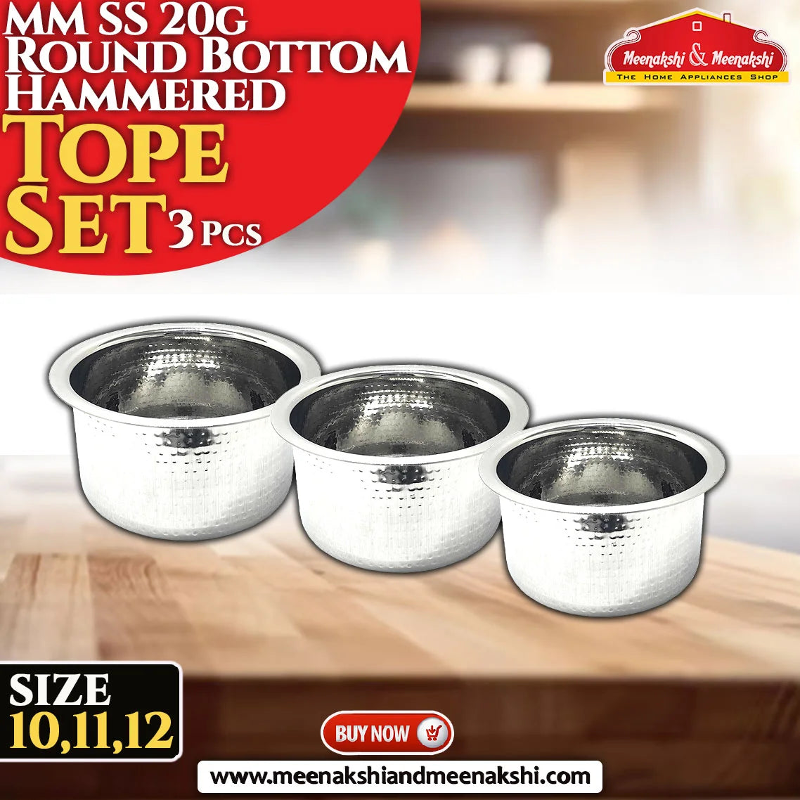 MMSS 20G Round Bottom Hammered Tope Set 3 Pcs Size 10,11,12 MM1110