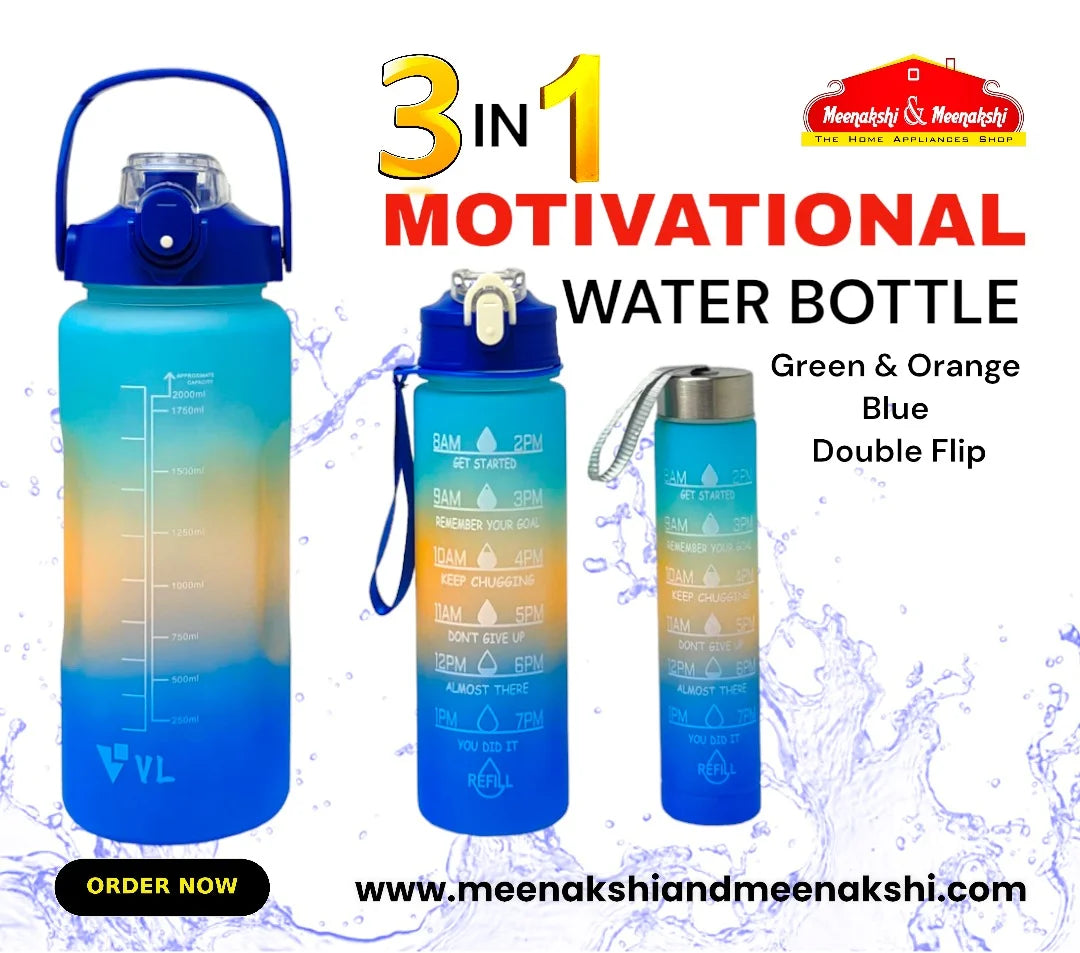 Motivational Water Bottle 3 in 1 (Double Flip ) Green+Orange+Blue MM991