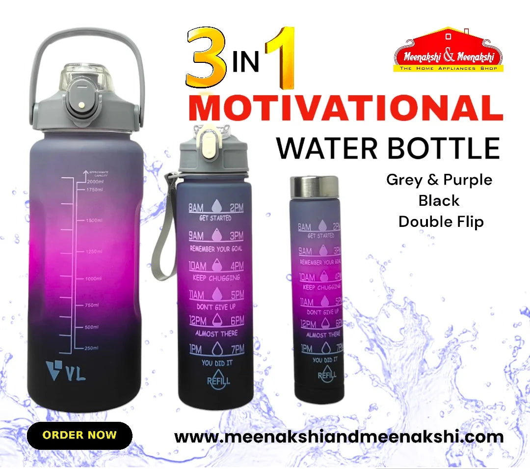 Motivational Water Bottle 3 in 1 (Double Flip ) Grey+Purple+Black MM990