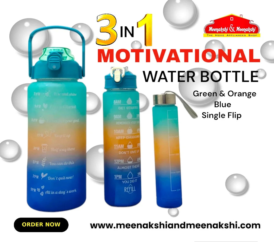 Motivational Water Bottle 3 in 1 (Single Flip ) Green+Orange+Blue MM988