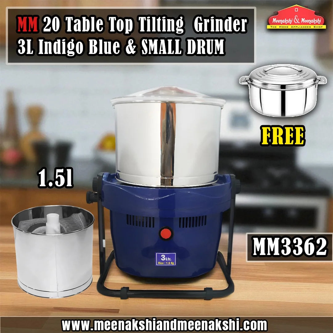 MM20 Table Top Tilting Grinder 3L Indigo Blue with Small Drum 1.5L MM3362