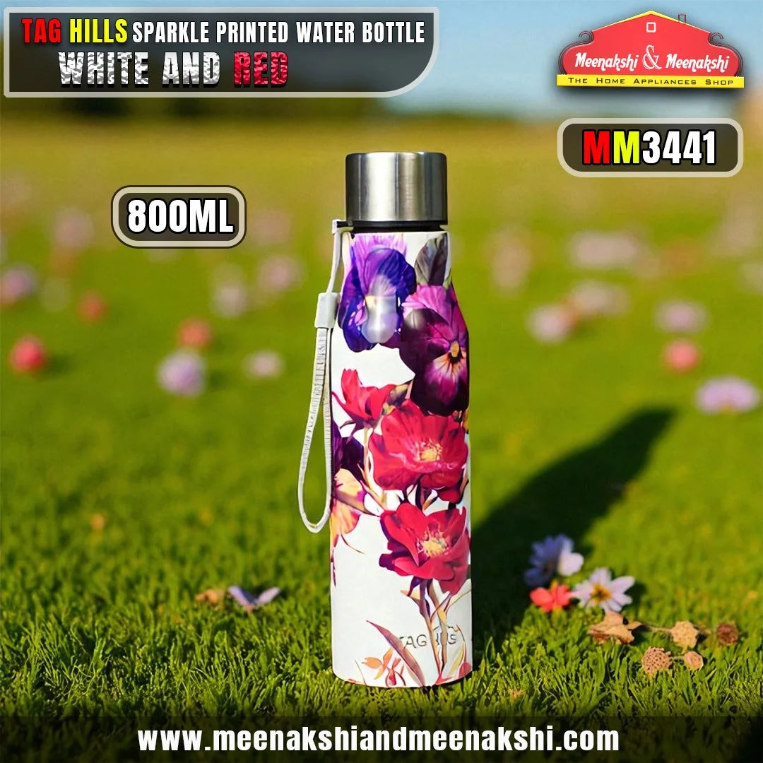 TAG HILLS Sparkle Printed Water Bottle White with Red 800ml MM3441