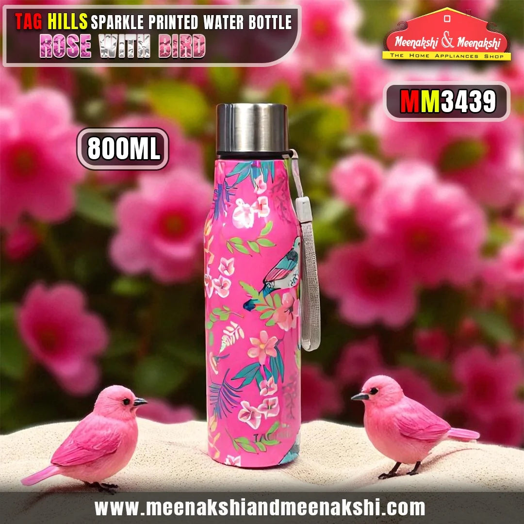 TAG HILLS Sparkle Printed Water Bottle Rose with Bird 800ml MM3439