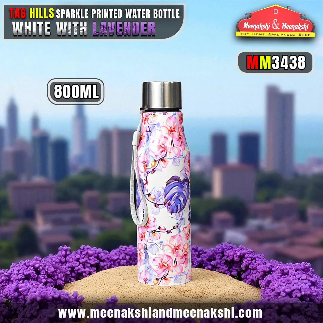 TAG HILLS Sparkle Printed Water Bottle White with Lavender 800ml MM3438
