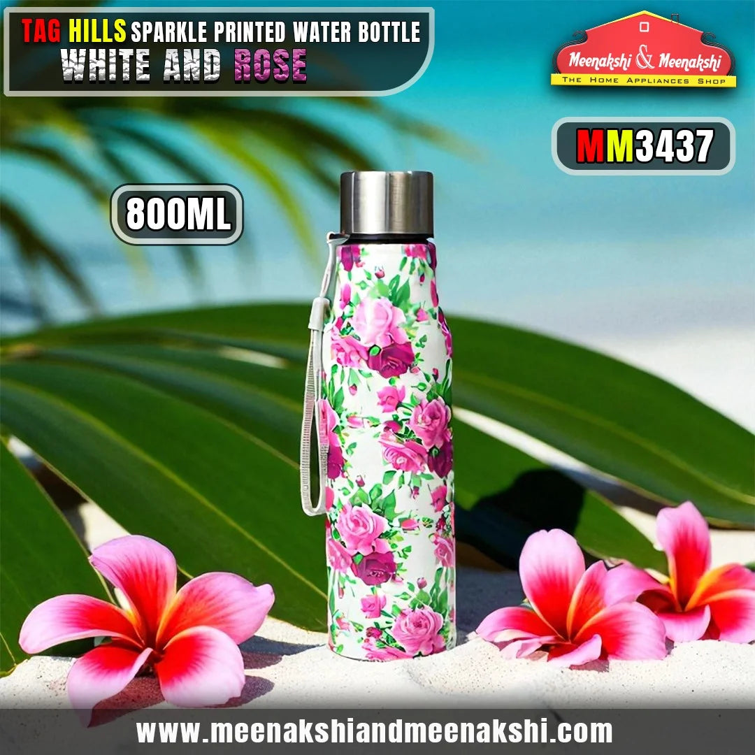 TAG HILLS Sparkle Printed Water Bottle White with Rose 800ml MM3437