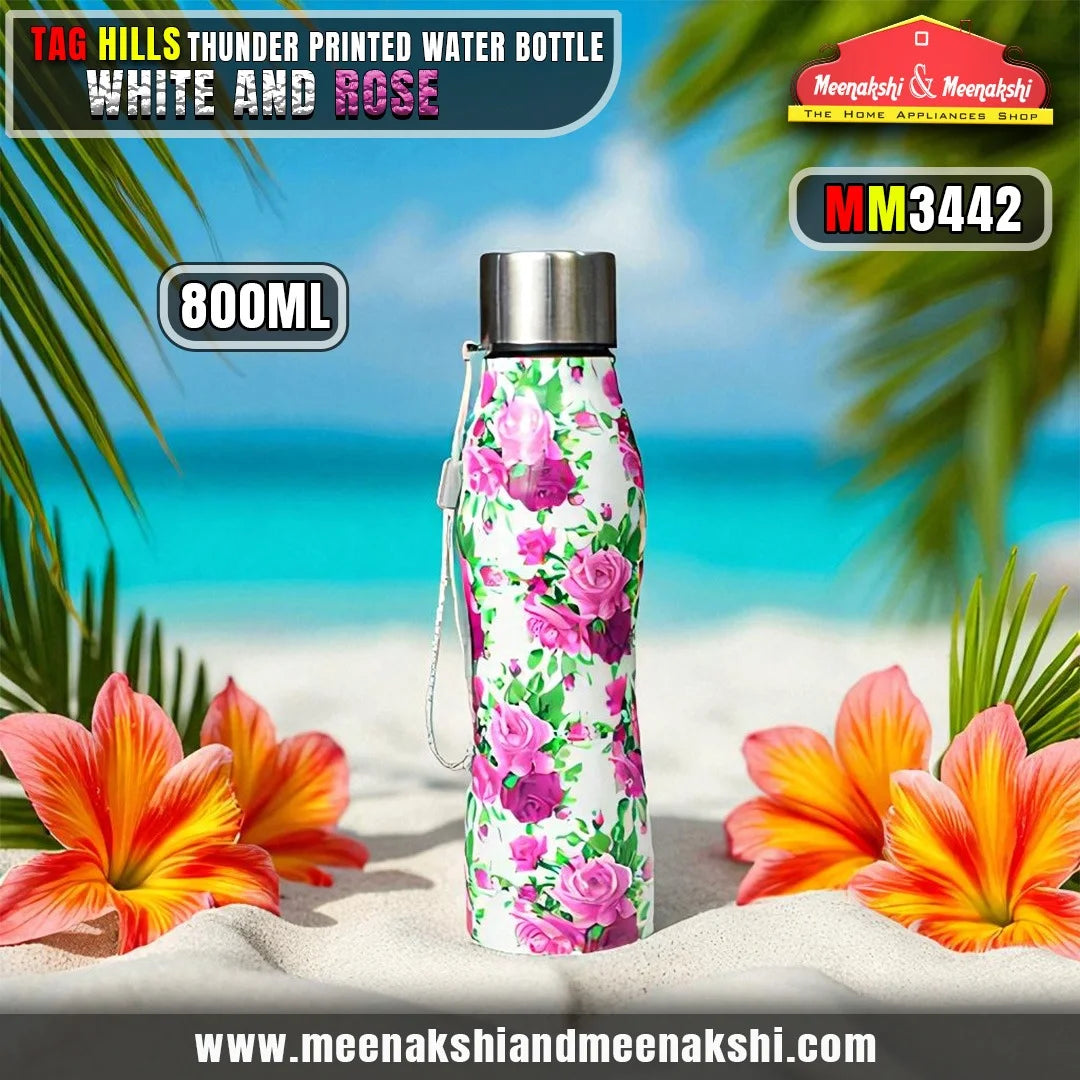 TAG HILLS Thunder Printed Water Bottle White with Rose 800ml MM3442