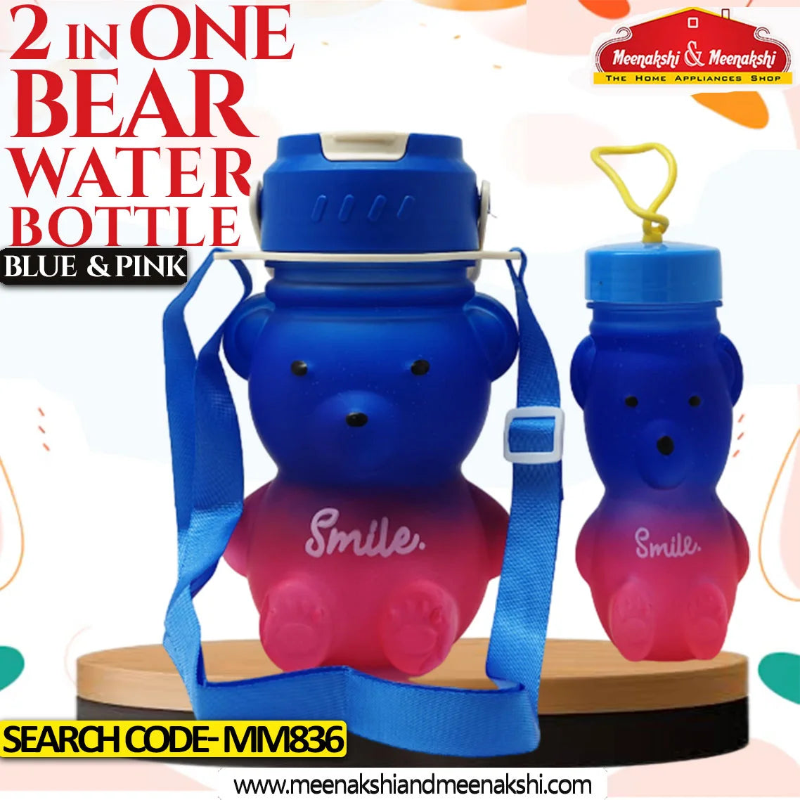 2 in 1 Bear Water Bottle Blue & Pink 1 L & 400ML MM836