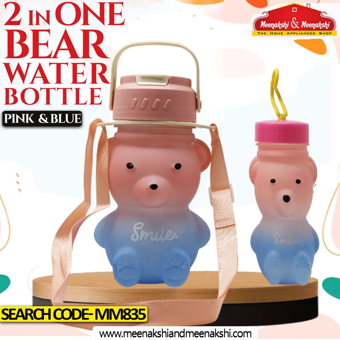 2 in 1 Bear Water Bottle Pink & Blue 1 L & 400ML MM835