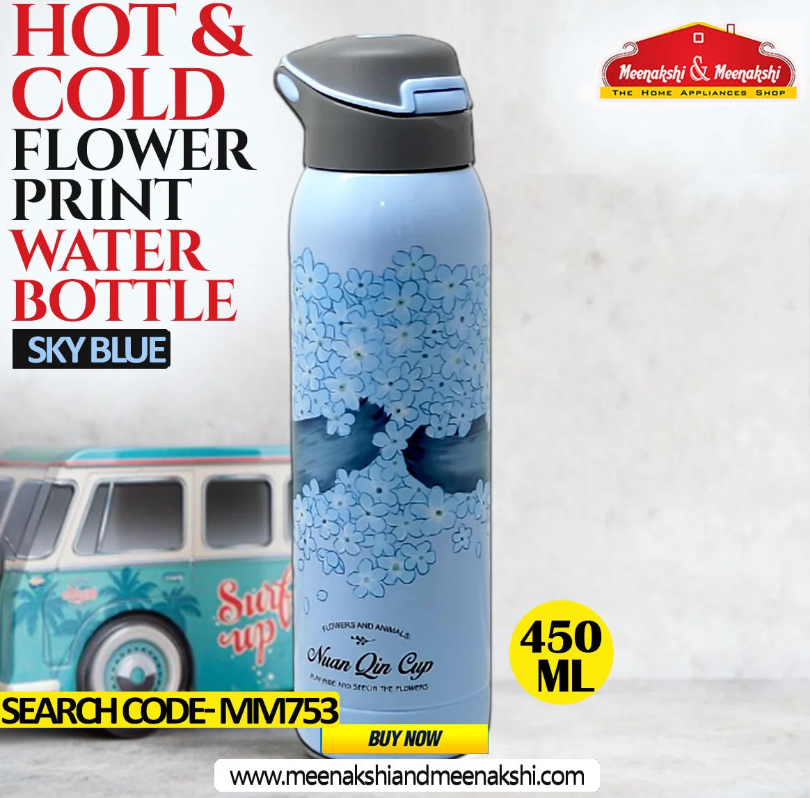 Hot & Cold Flower Print Water Bottle 450 ml Sky Blue MM753