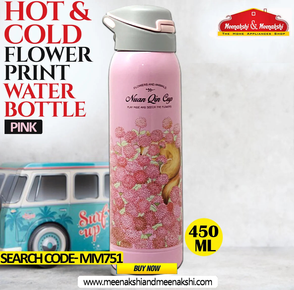 Hot & Cold Flower Print Water Bottle 450 ml Pink MM751