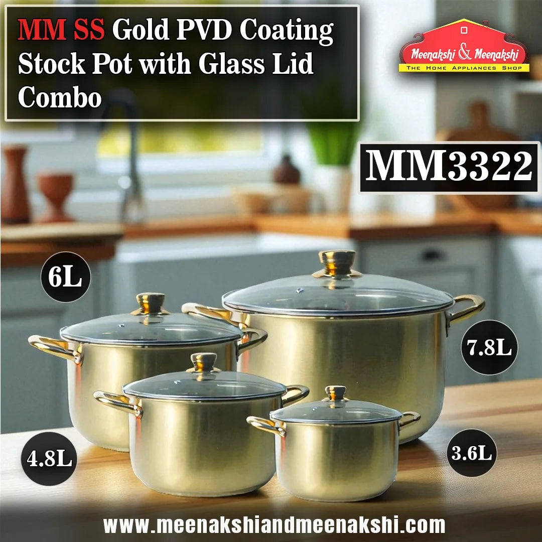 MM SS Gold PVD Coating 8PCS Stock Pot with Glass Lid Combo MM3322