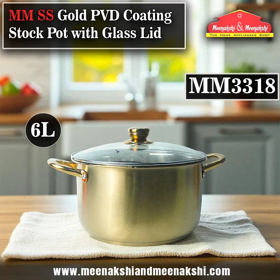 MM SS Gold PVD Coating Stock Pot with Glass Lid 6L MM3318