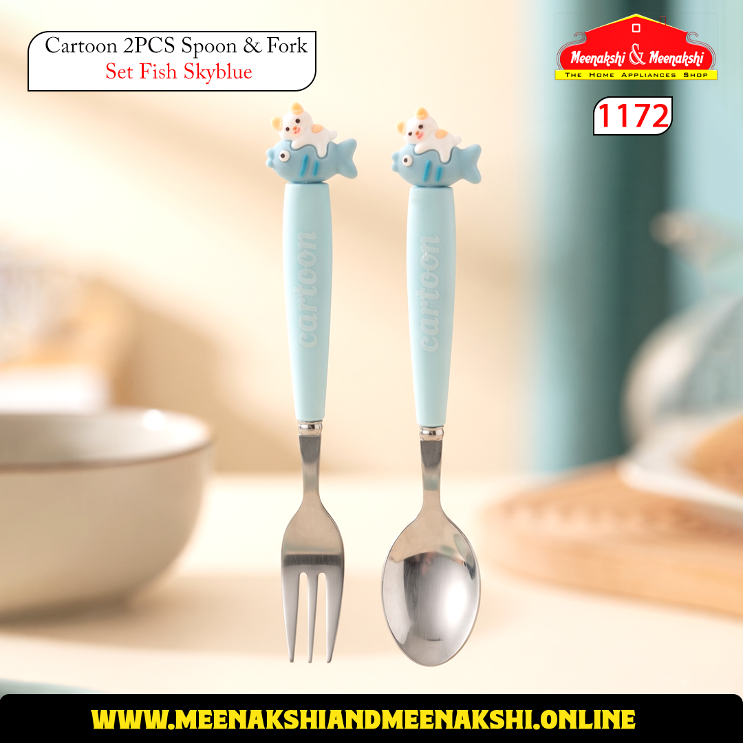 Cartoon 2PCS Spoon & Fork Set Fish Skyblue 1172