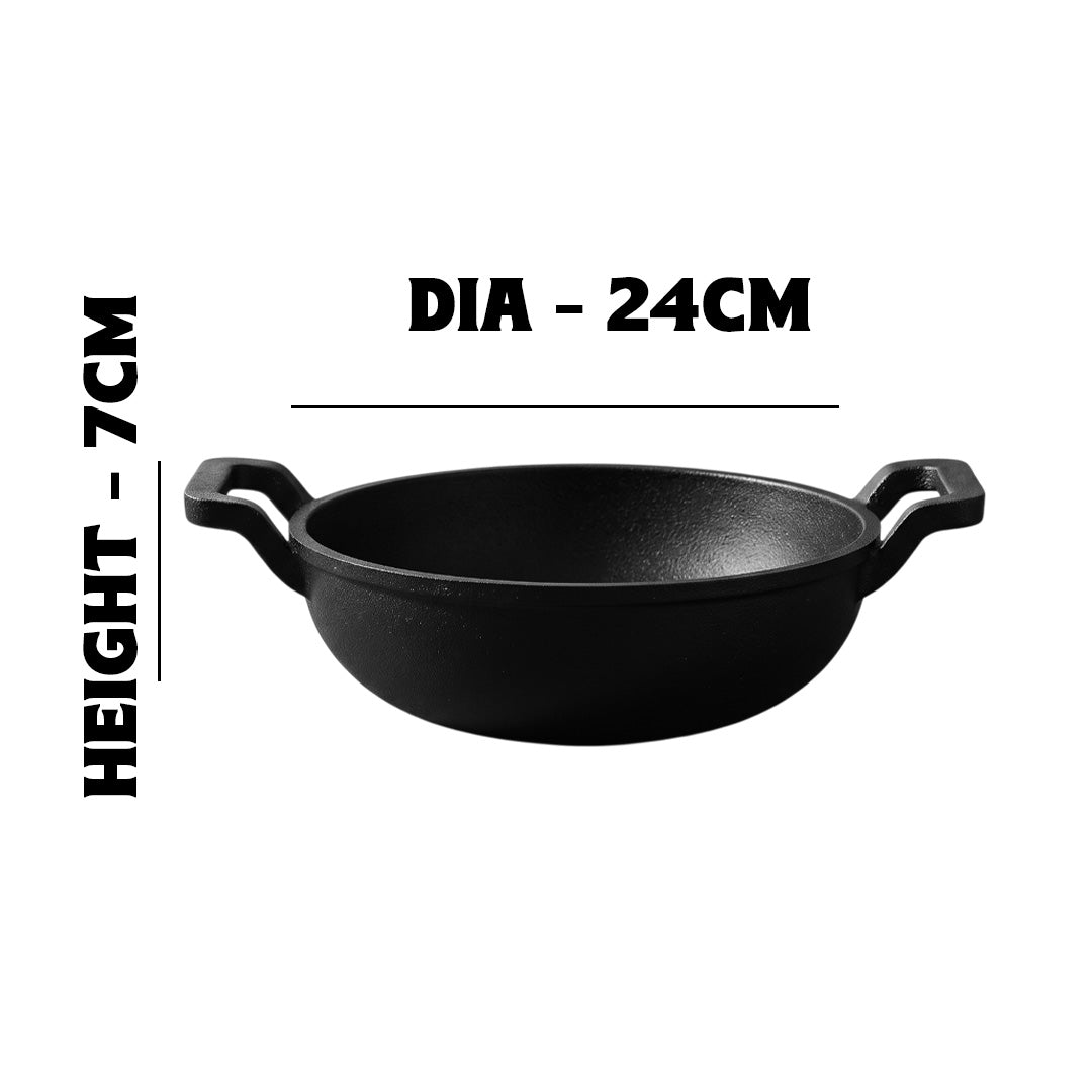 MM CI 9.5Inch Flat Kadai With Curve Handle 24cm/2.3L 1079