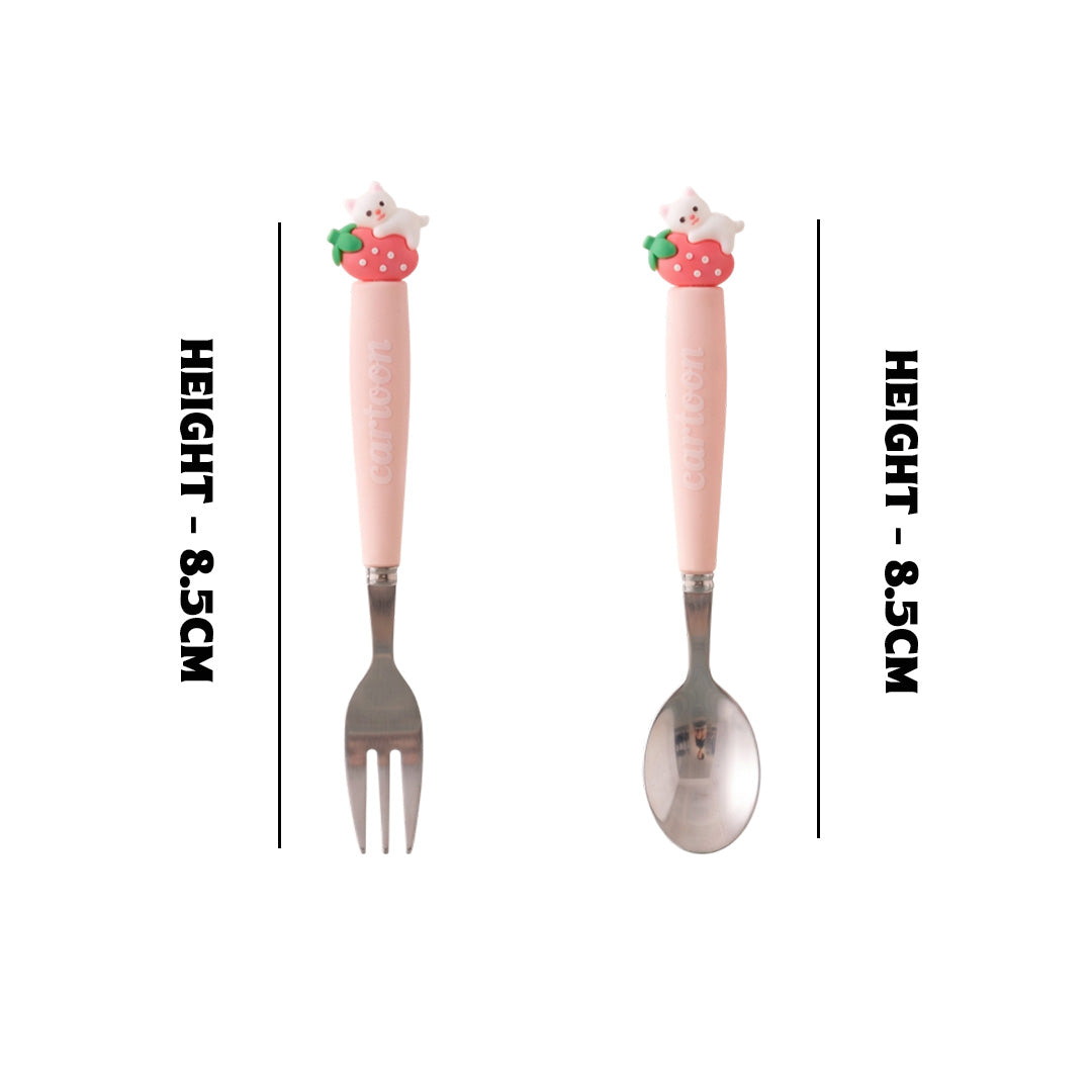 Cartoon 2PCS Spoon & Fork Set Strawberry Kitty Baby Pink 1173