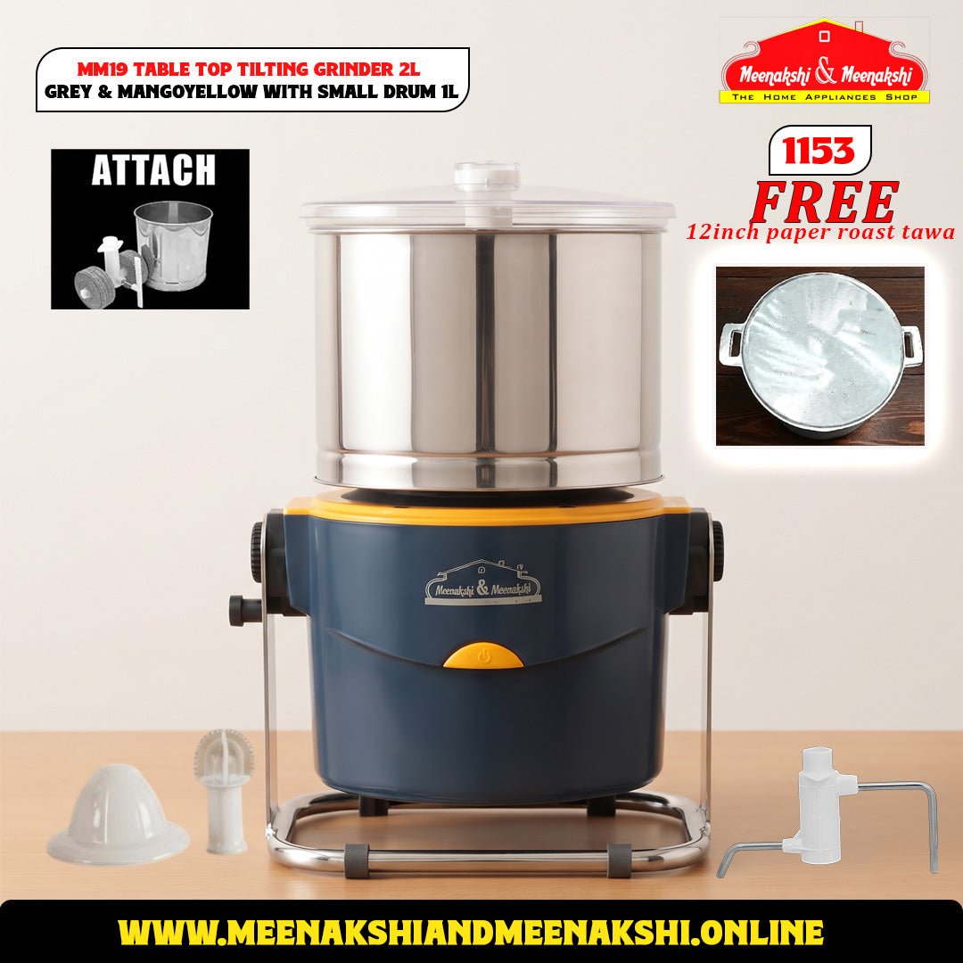 MM19 Table Top Tilting Grinder 2L Grey & MangoYellow With Small Drum 1L 1153
