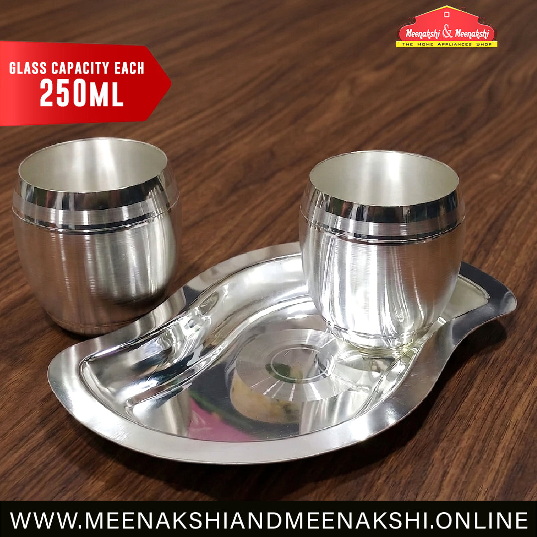 MM SS Silver Coating Matka Tray With 2 Glass 434