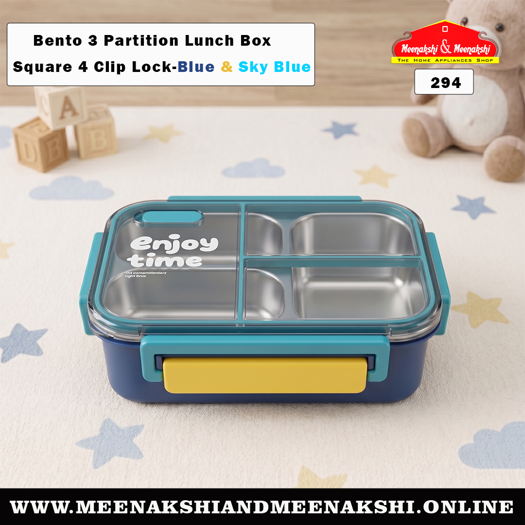 Bento 3 Partition Lunch Box Square 4 Clip Lock