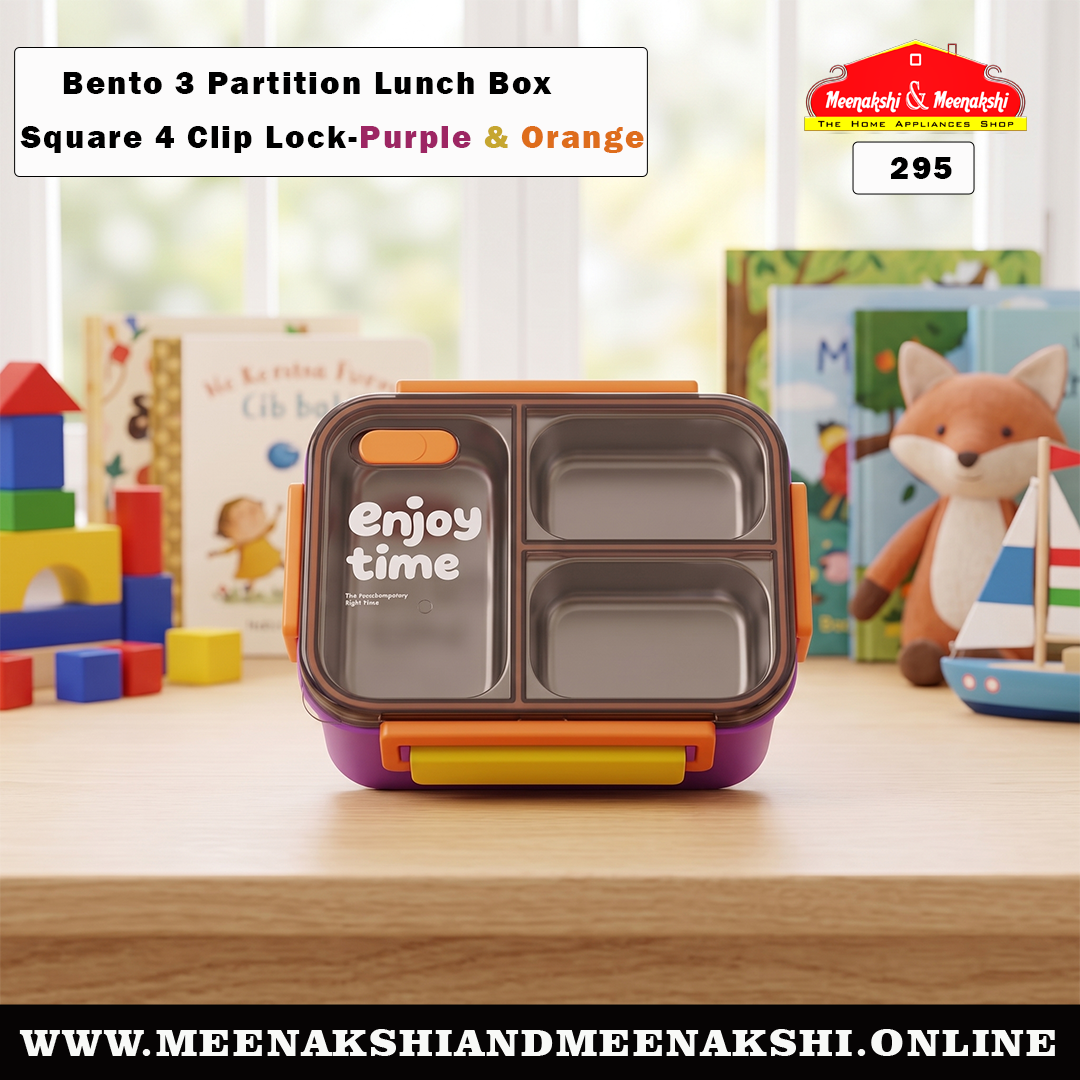 Bento 3 Partition Lunch Box Square 4 Clip Lock