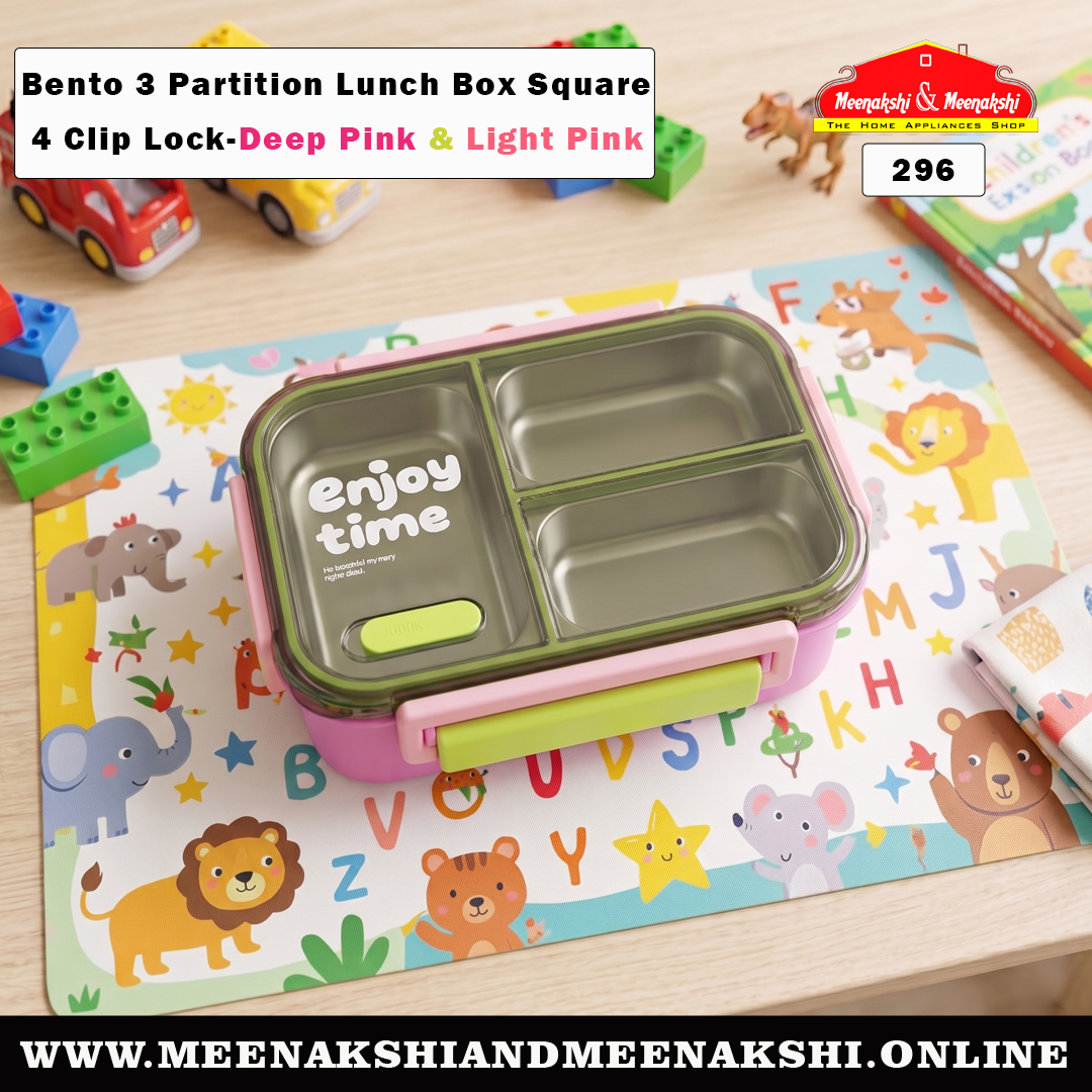 Bento 3 Partition Lunch Box Square 4 Clip Lock