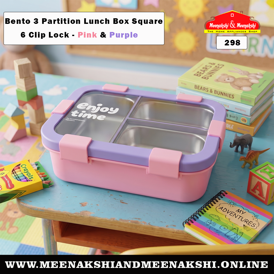 Bento 3 Partition Lunch Box Square 6 Clip Lock