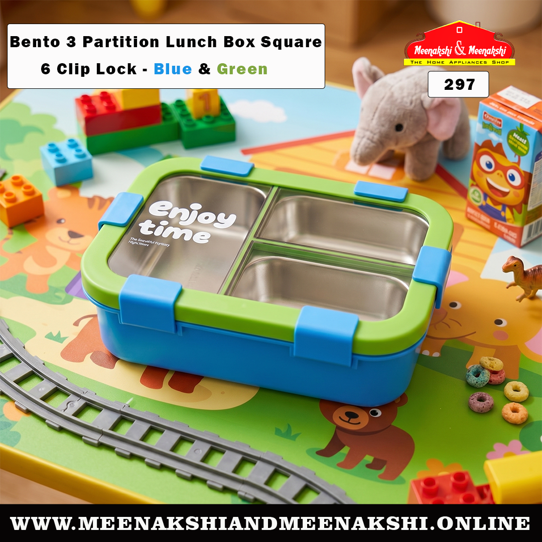 Bento 3 Partition Lunch Box Square 6 Clip Lock