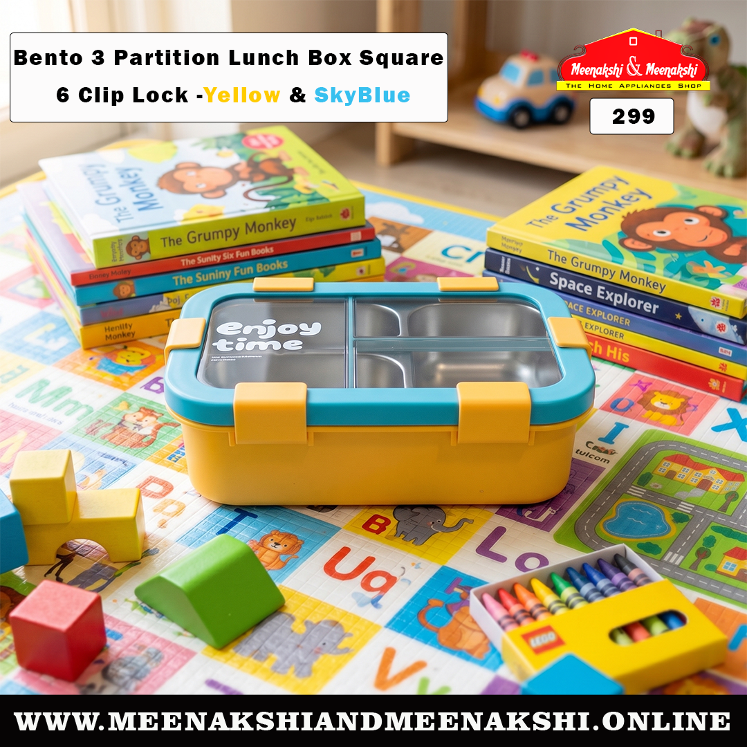 Bento 3 Partition Lunch Box Square 6 Clip Lock