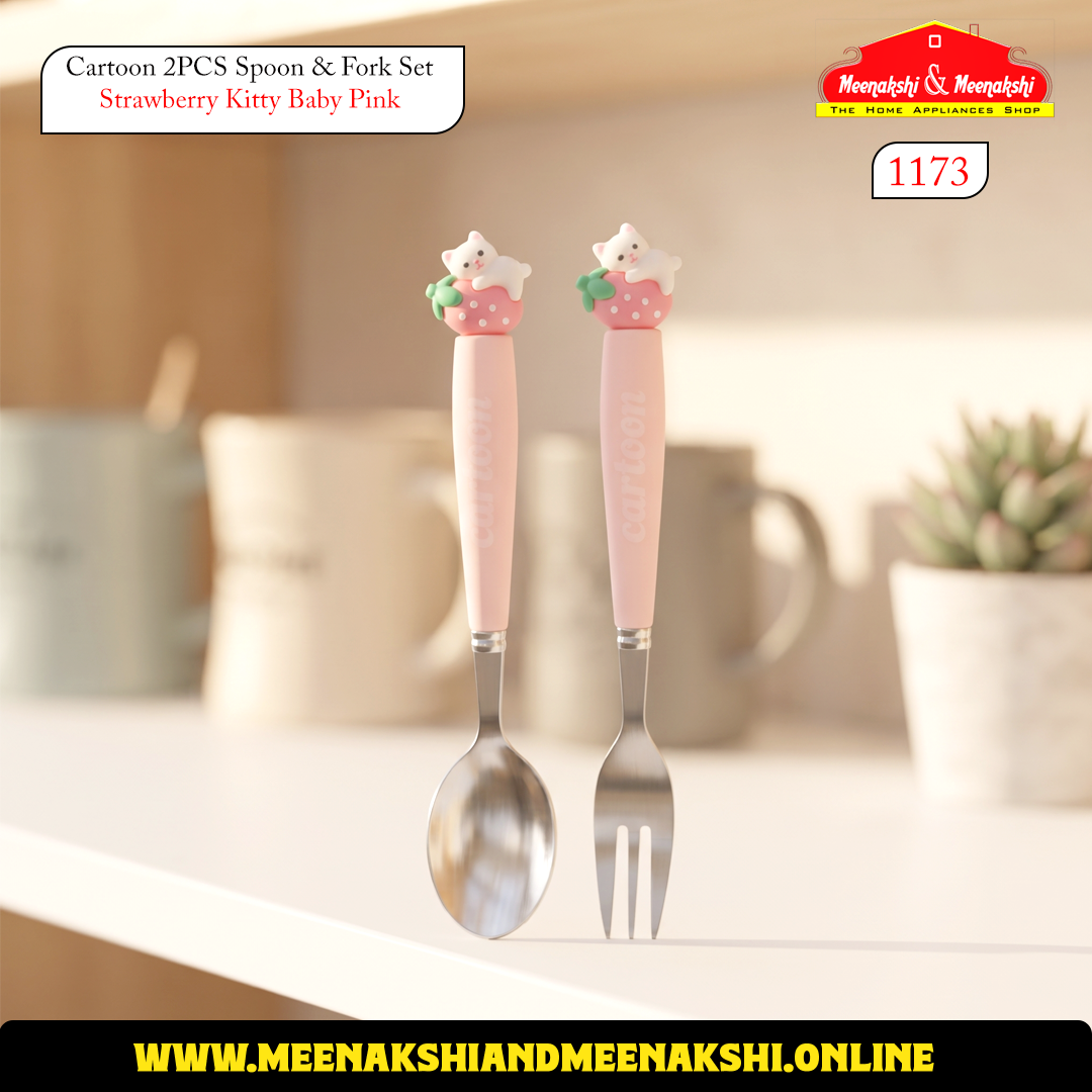 Cartoon 2PCS Spoon & Fork Set Strawberry Kitty Baby Pink 1173