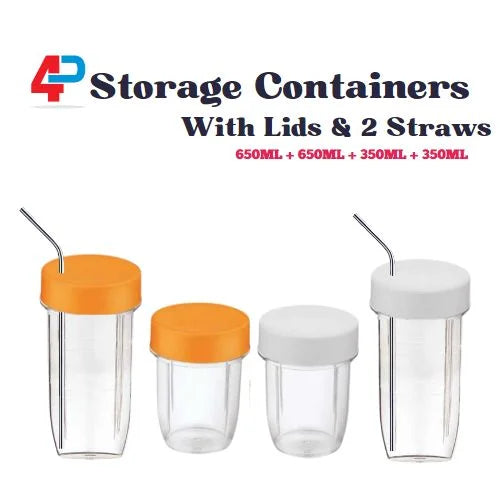 MM 4pcs Storage Containers With Lids & 2 Straws