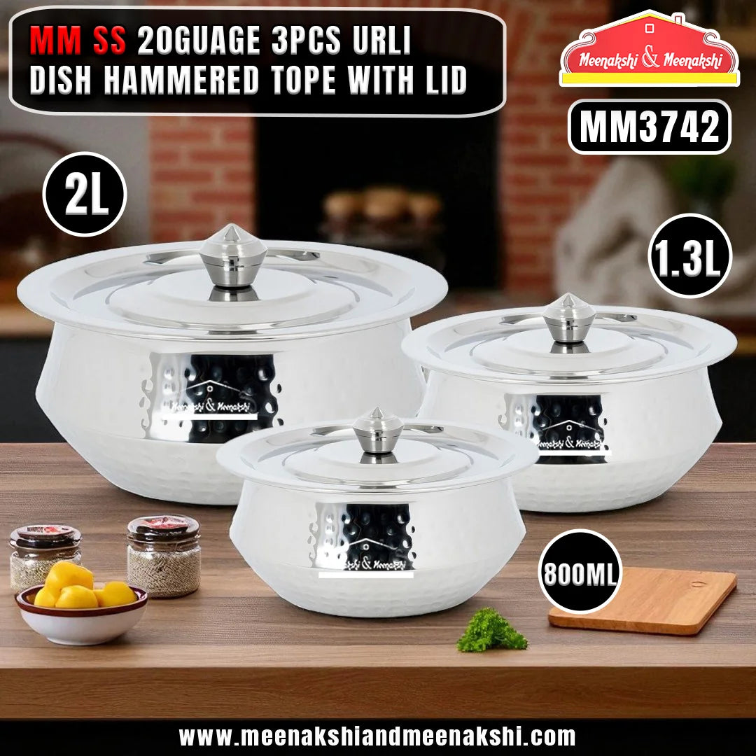 MM SS 20G 3PCS Urli Dish Hammered Tope With Lid 800ML, 1.3L & 2L MM3742