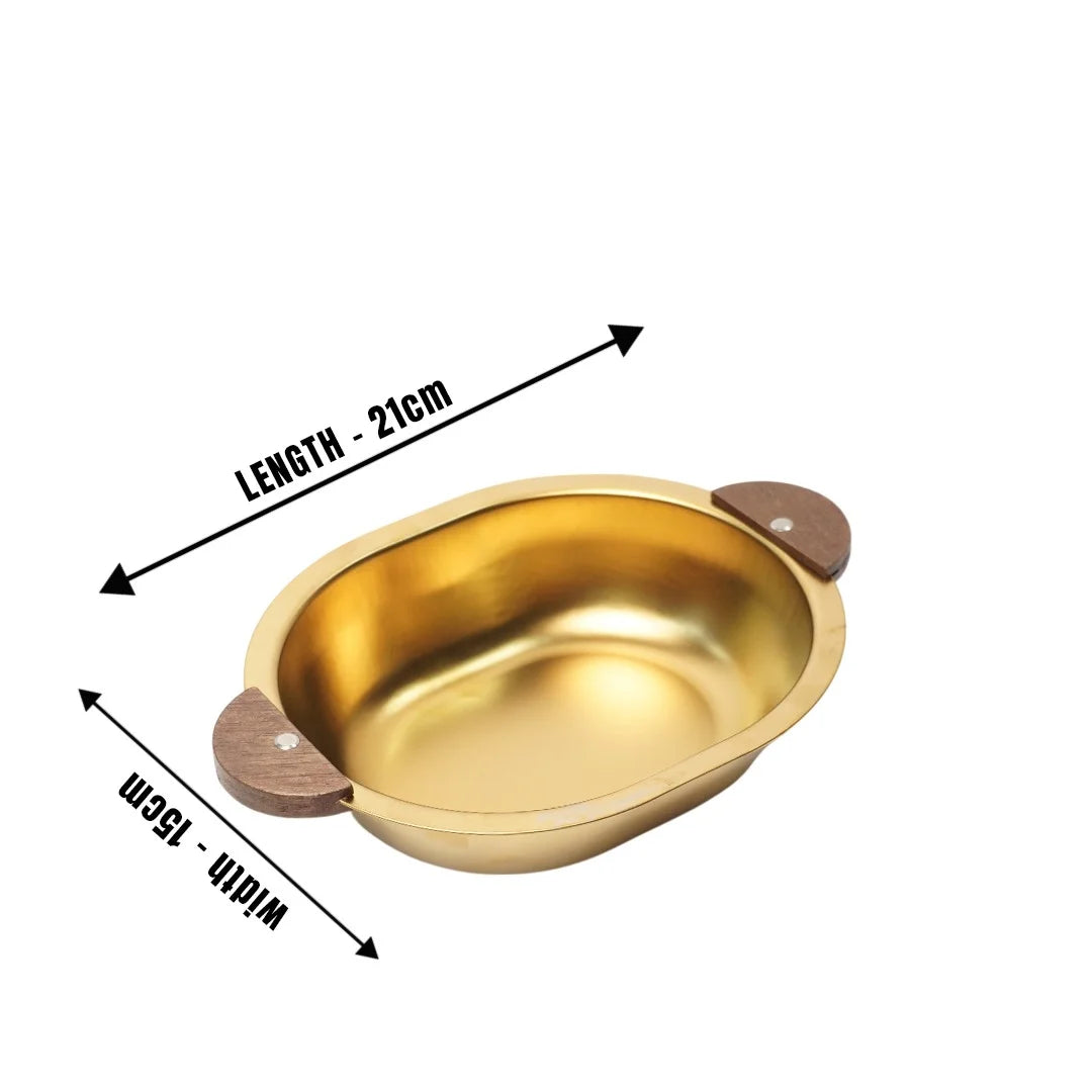 MM SS Gold PVD Coating Woodern Handle Oval Bowl
