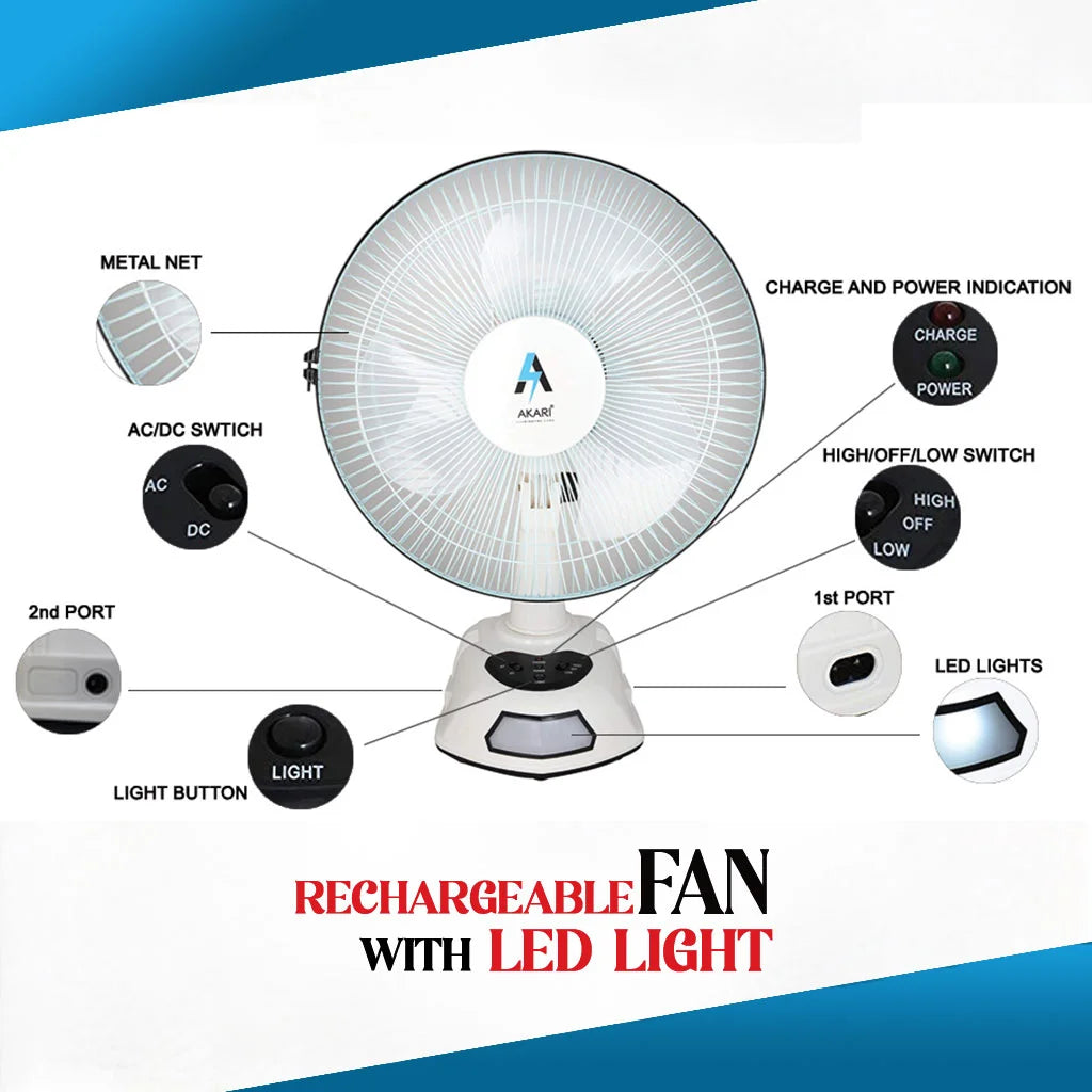 AKARI AK-8012R 12 RECHARGEABLE FAN WITH LED LIGHT