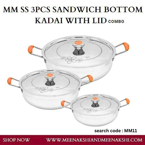 MM SS 3Pcs Sandwich Bottom Kadai with Lid Combo