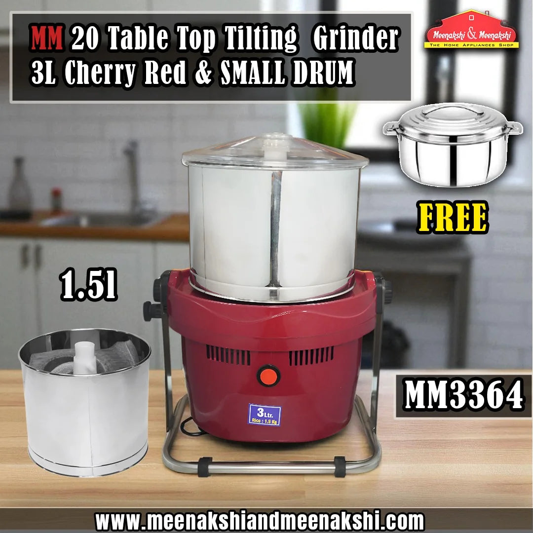 MM20 Table Top Tilting Grinder 3L Cherry Red with Small Drum 1.5L MM3364