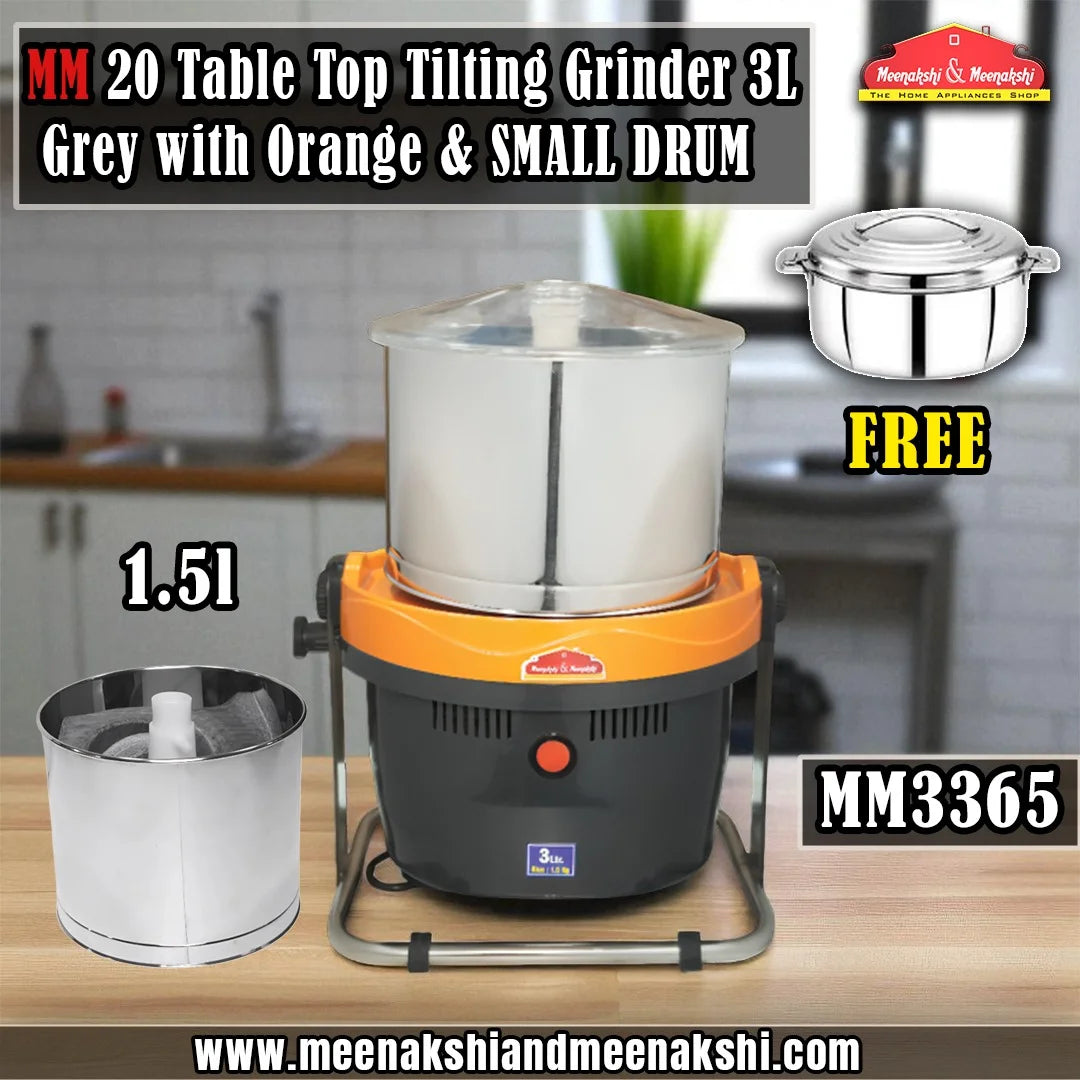MM20 Table Top Tilting Grinder 3L Grey & Orange with Small Drum 1.5L MM3365